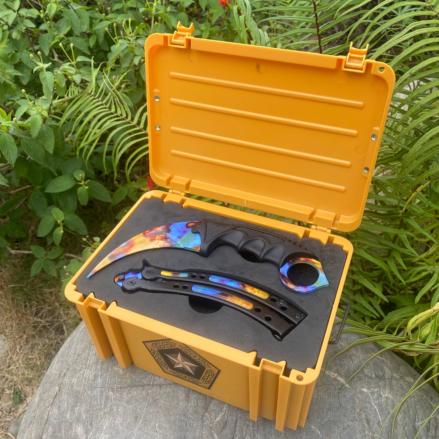 Case Hardened Blunt Blade Karambit Trainer & Balisong Trainer 2 in 1 Pack Gift Box
