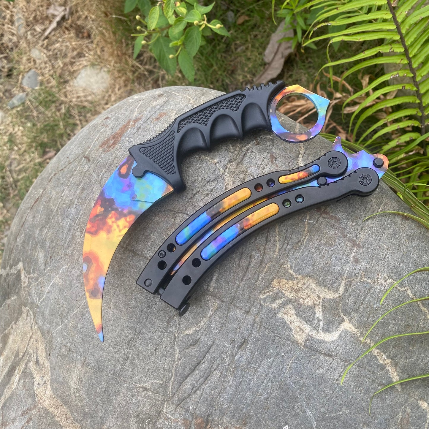 Case Hardened Blunt Blade Karambit Trainer & Balisong Trainer 2 in 1 Pack Gift Box