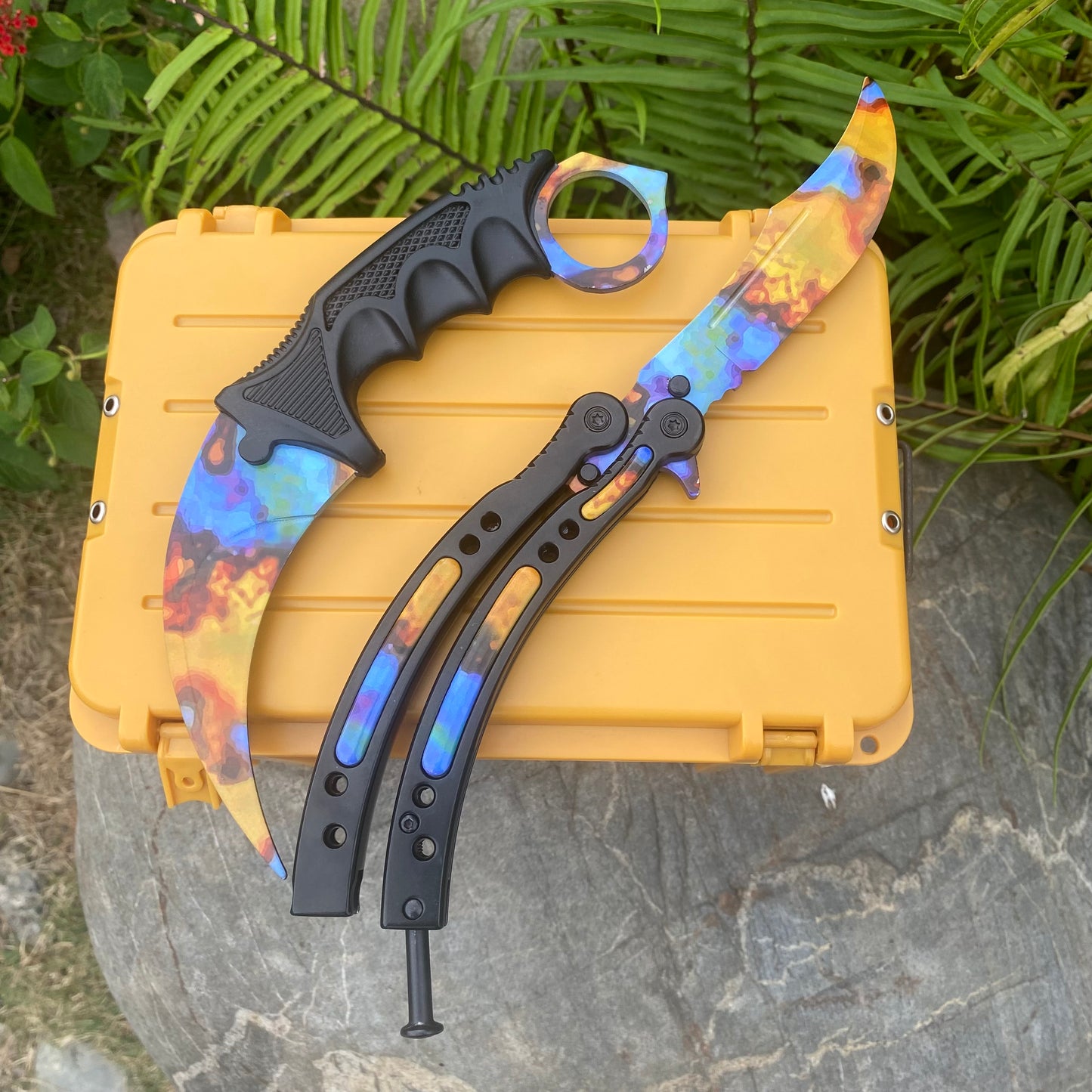 Case Hardened Blunt Blade Karambit Trainer & Balisong Trainer 2 in 1 Pack Gift Box