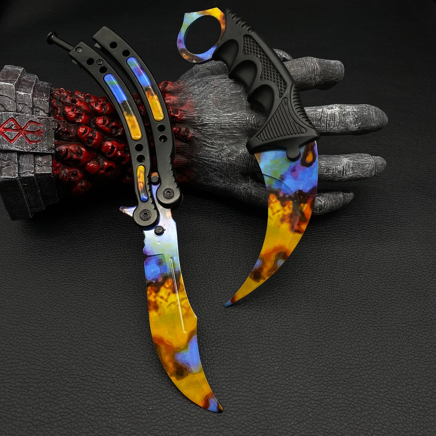 Case Hardened Blunt Blade Karambit Trainer & Balisong Trainer 2 in 1 Pack Gift Box