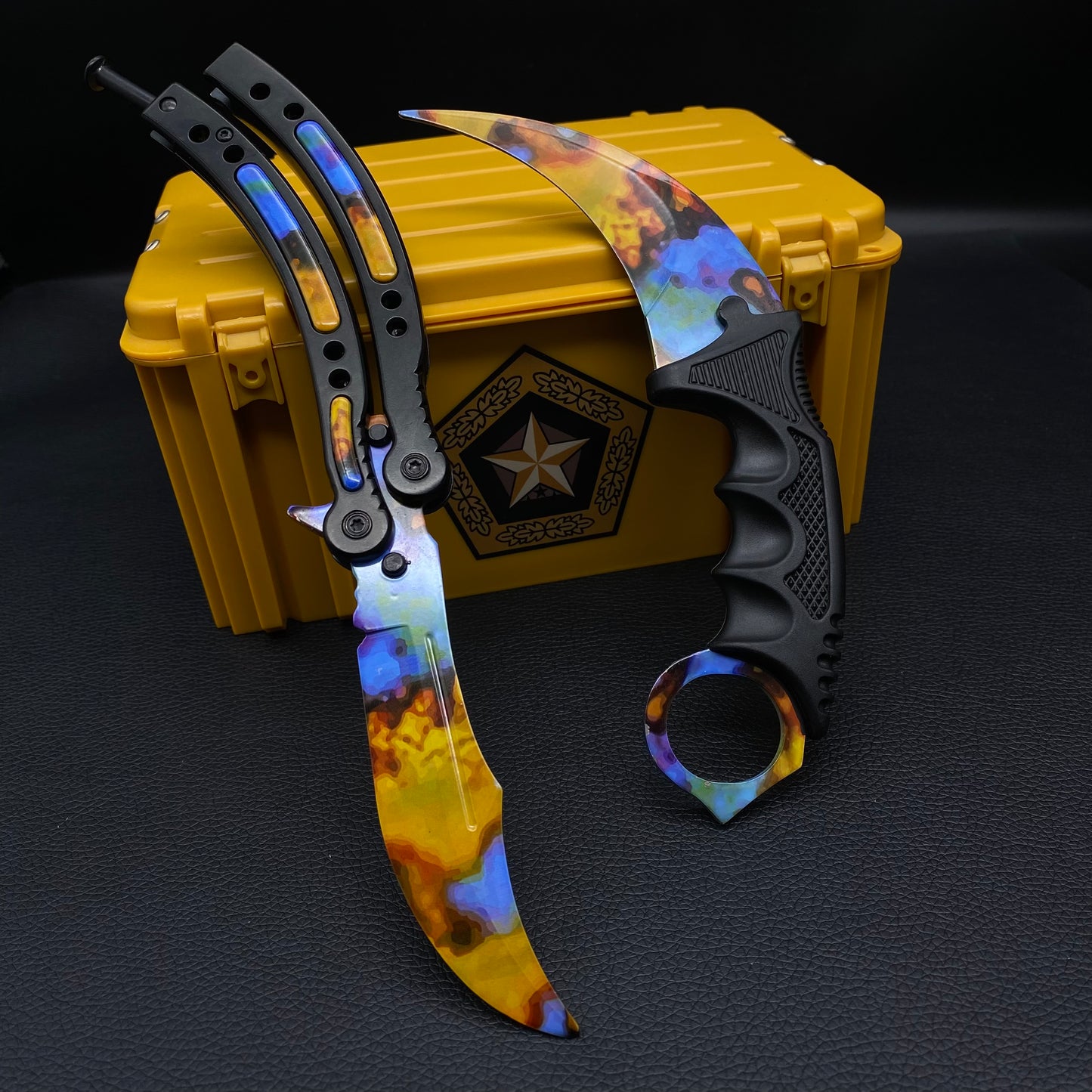 Case Hardened Blunt Blade Karambit Trainer & Balisong Trainer 2 in 1 Pack Gift Box