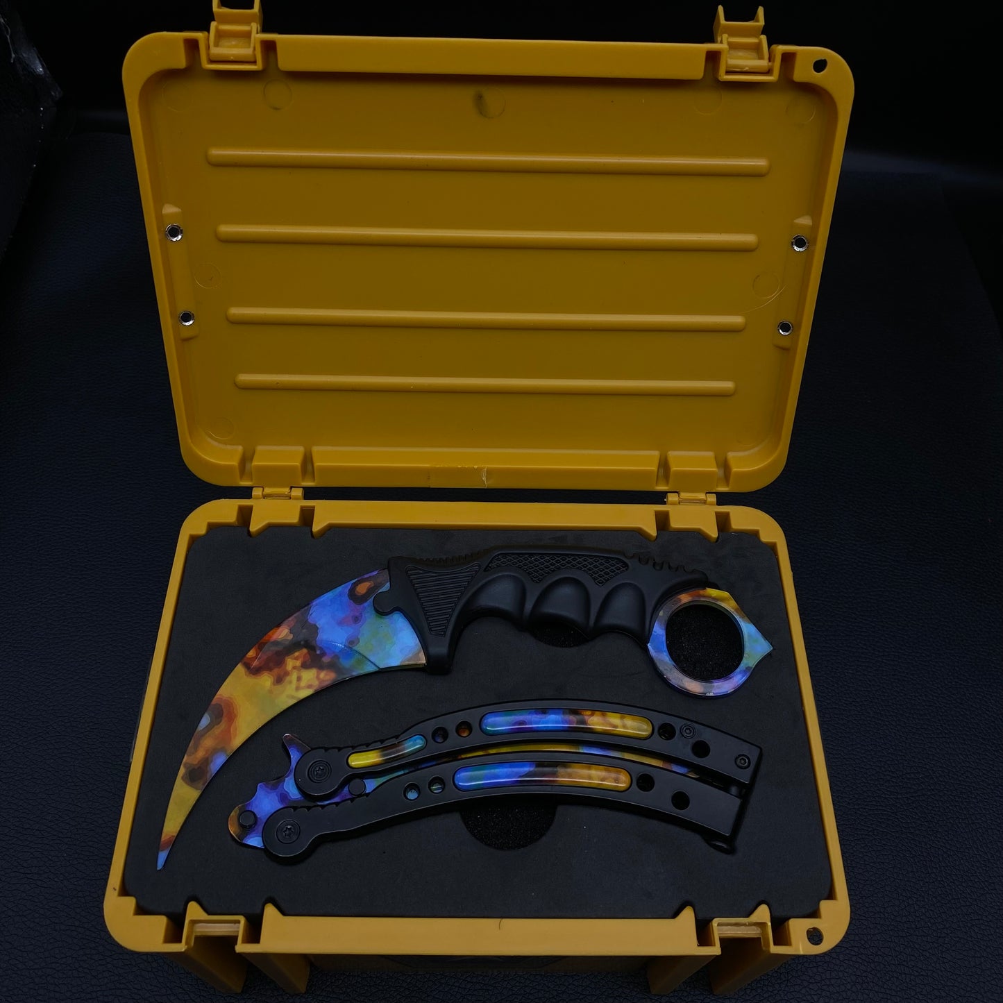 Case Hardened Blunt Blade Karambit Trainer & Balisong Trainer 2 in 1 Pack Gift Box