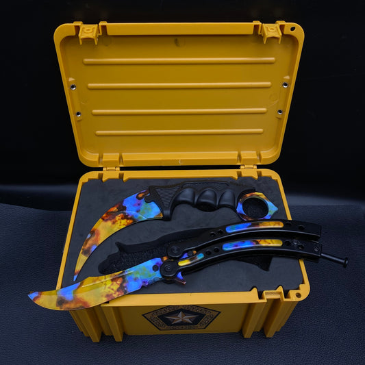 Case Hardened Blunt Blade Karambit Trainer & Balisong Trainer 2 in 1 Pack Gift Box