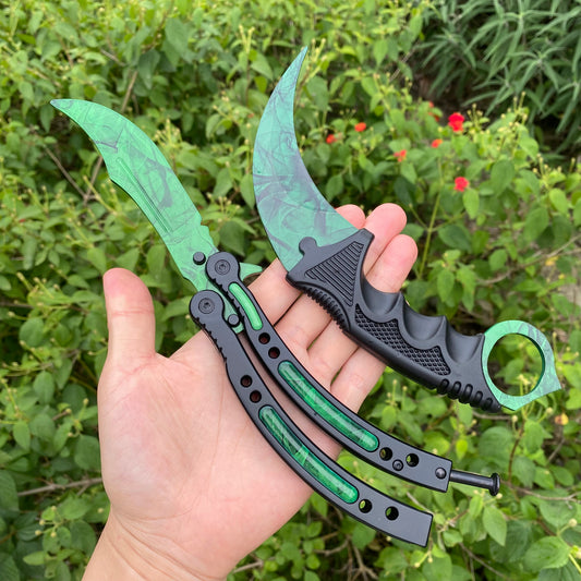 Gamma Doppler Blunt Blade Karambit Trainer &amp; Balisong Trainer 2 in 1 Paket in Geschenkbox