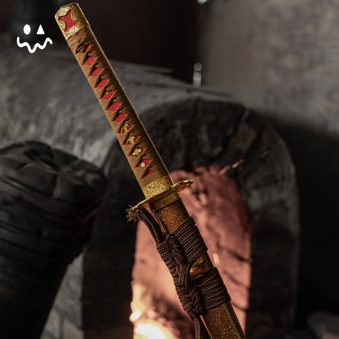 Gold Copper Katana Handmade Samurai Sword Gloss Lacquer Scabbard With Red-Brown Cord Wrap