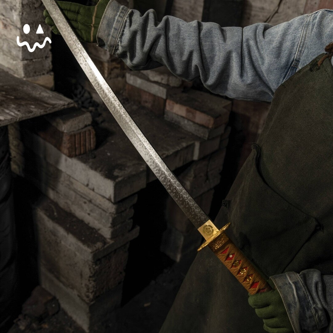 Gold Copper Katana Handmade Samurai Sword Gloss Lacquer Scabbard With Red-Brown Cord Wrap