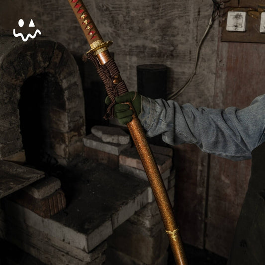 Gold Copper Katana Handmade Samurai Sword Gloss Lacquer Scabbard With Red-Brown Cord Wrap