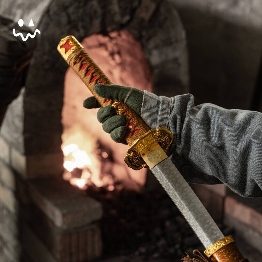 Gold Copper Katana Handmade Samurai Sword Gloss Lacquer Scabbard With Red-Brown Cord Wrap