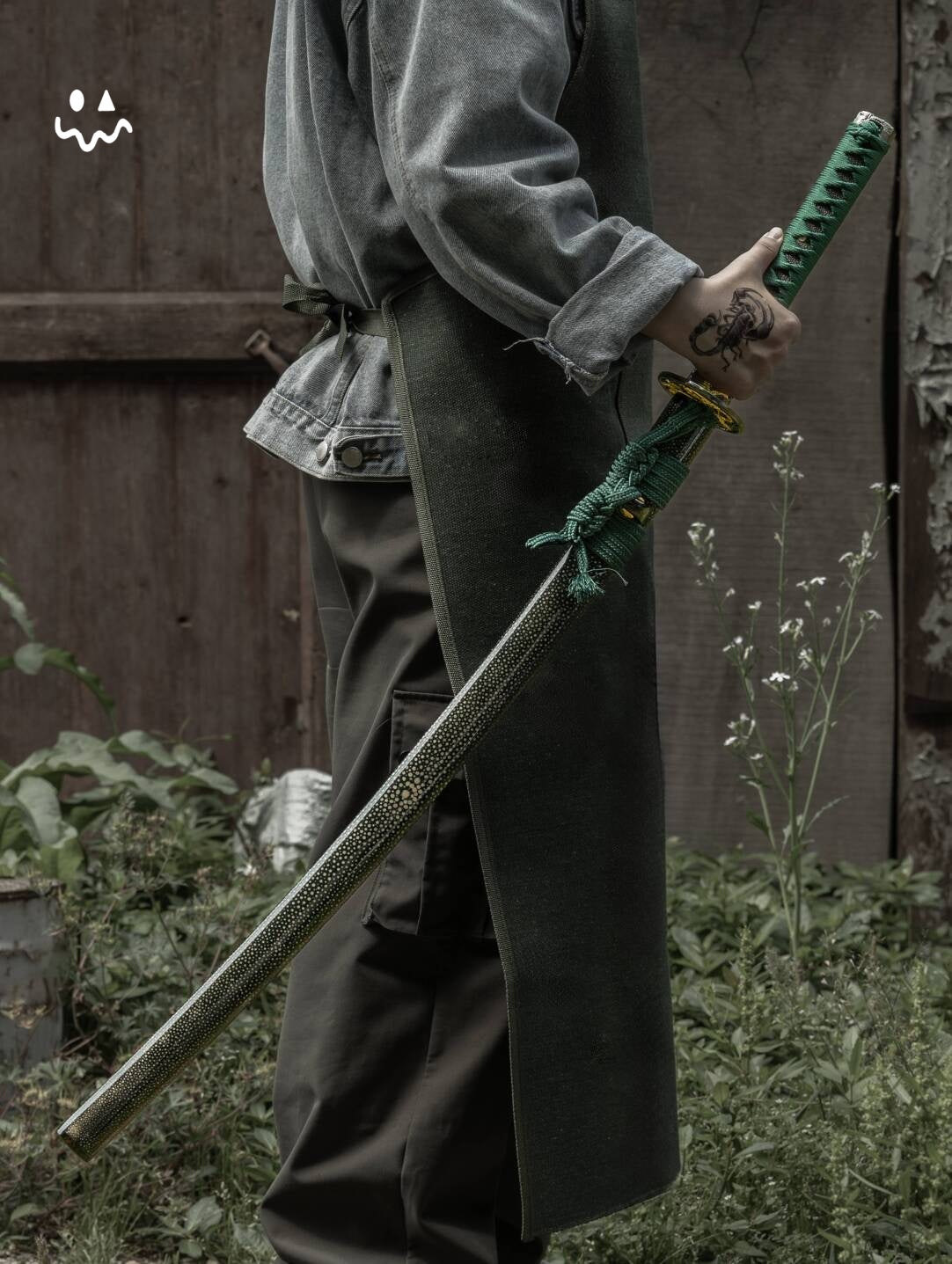 102cm/40.6"Handmade Green Katana Samurai Sword with Polished Rayskin Scabbard Green Cord Wrap