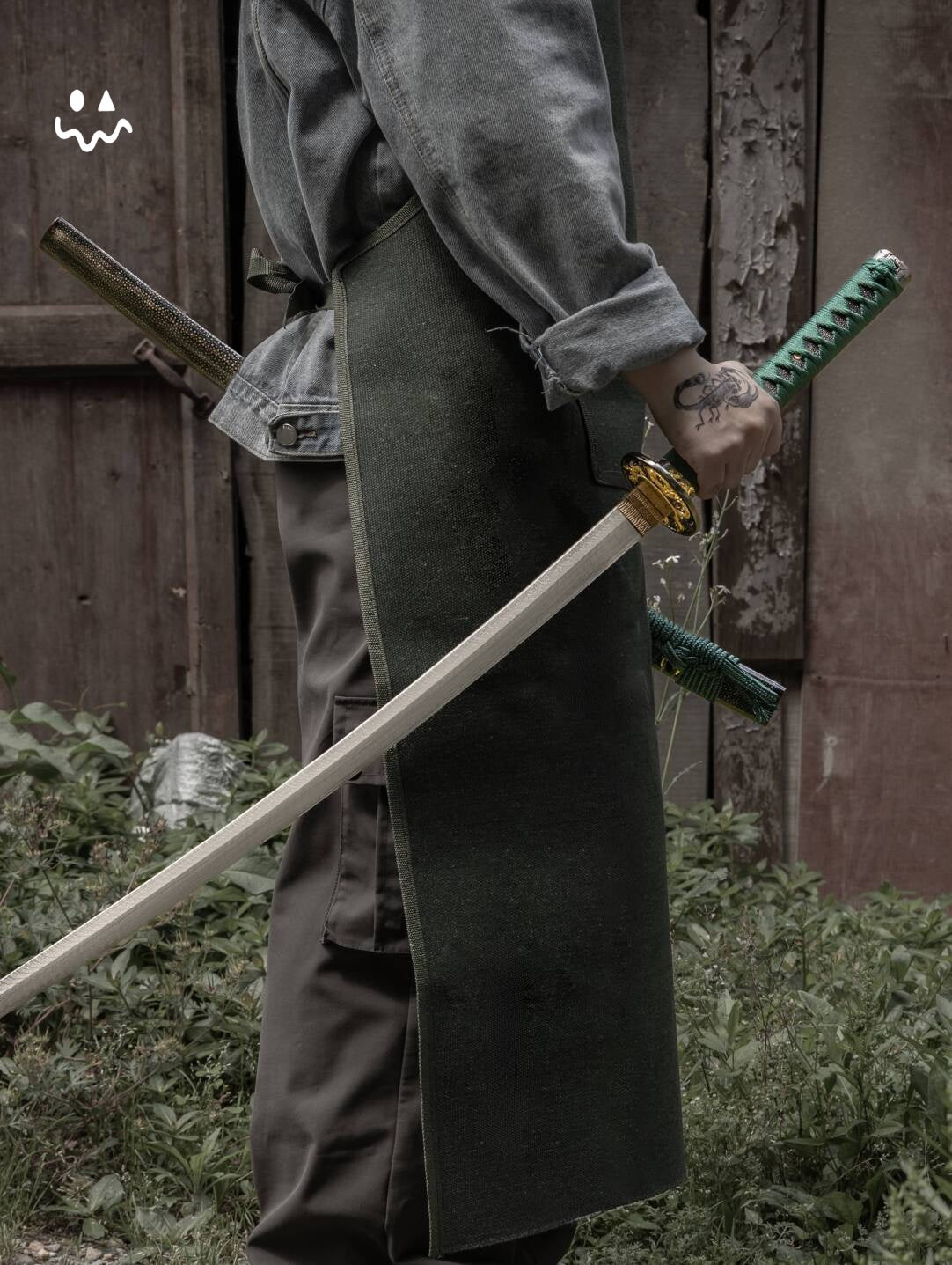 102cm/40.6"Handmade Green Katana Samurai Sword with Polished Rayskin Scabbard Green Cord Wrap