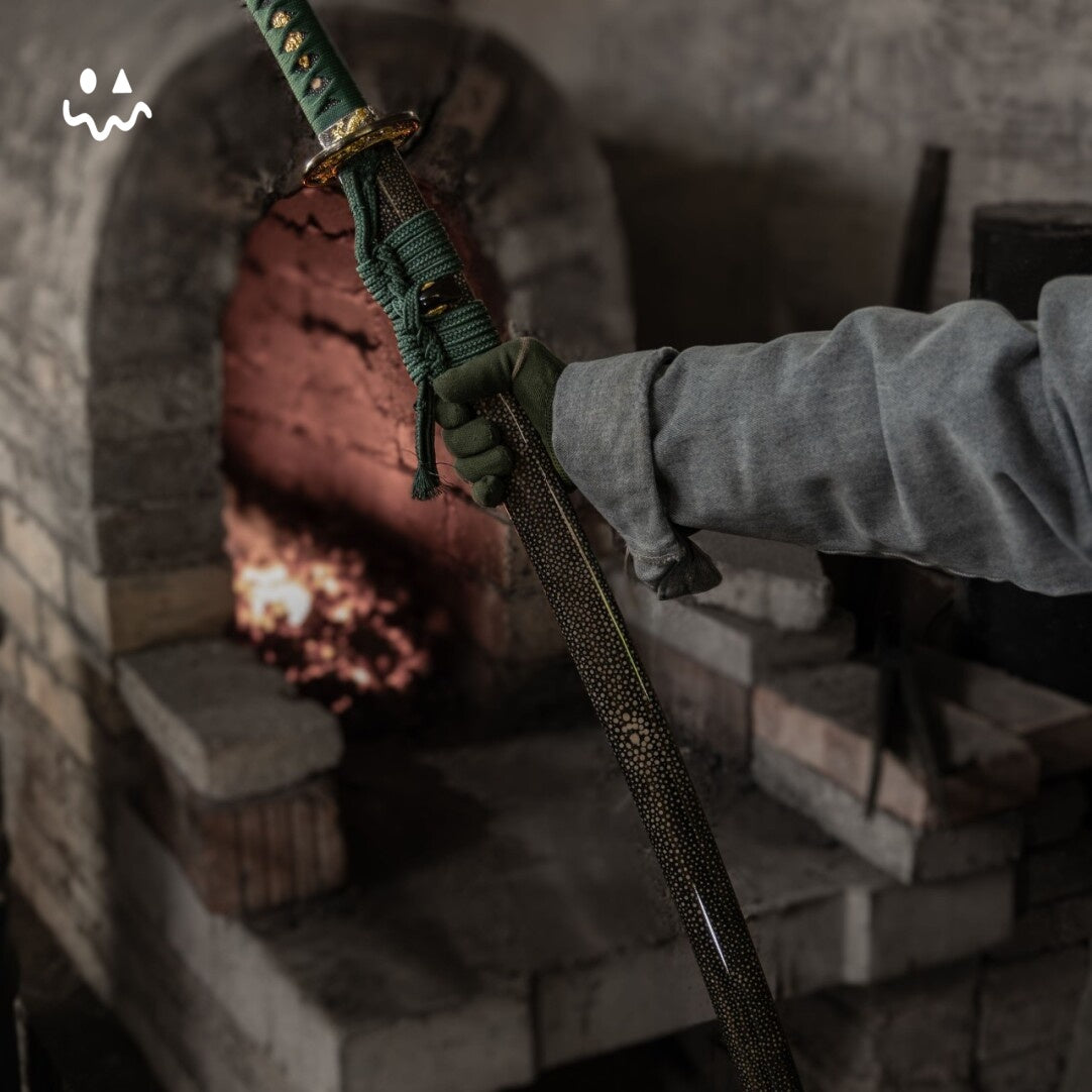 102cm/40.6"Handmade Green Katana Samurai Sword with Polished Rayskin Scabbard Green Cord Wrap