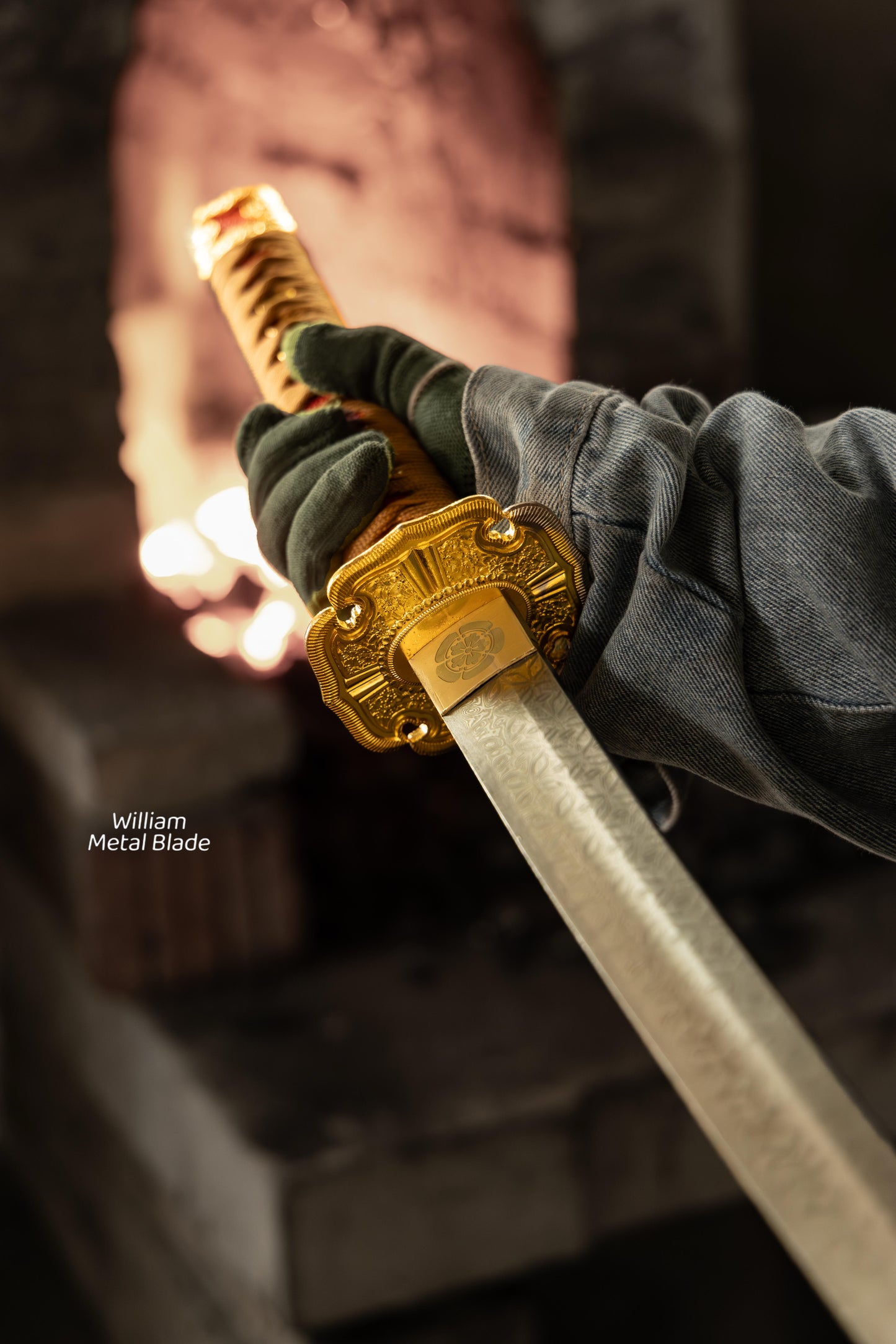 Gold Copper Katana Handmade Samurai Sword Gloss Lacquer Scabbard With Red-Brown Cord Wrap
