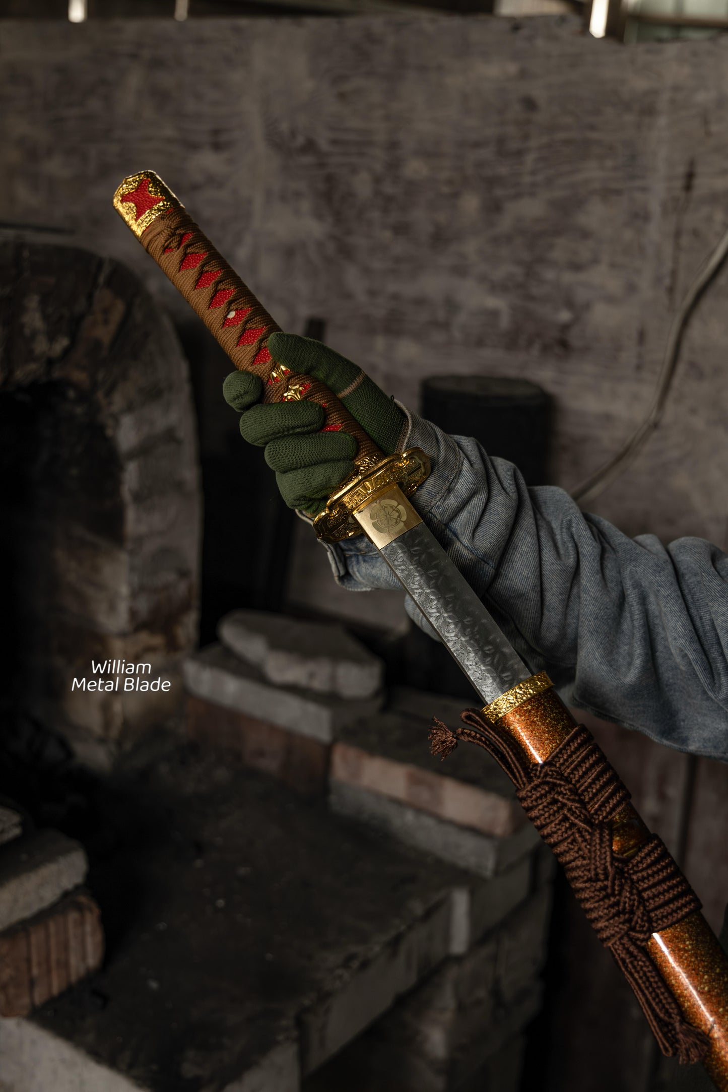 Gold Copper Katana Handmade Samurai Sword Gloss Lacquer Scabbard With Red-Brown Cord Wrap