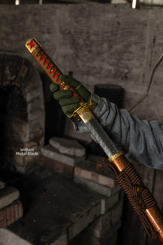 Gold Copper Katana Handmade Samurai Sword Gloss Lacquer Scabbard With Red-Brown Cord Wrap