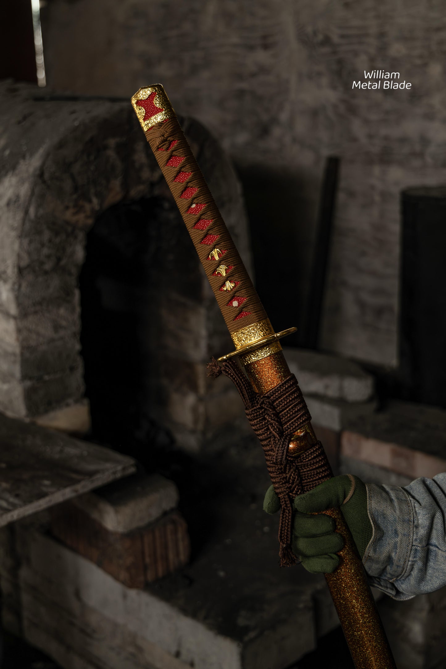 Gold Copper Katana Handmade Samurai Sword Gloss Lacquer Scabbard With Red-Brown Cord Wrap