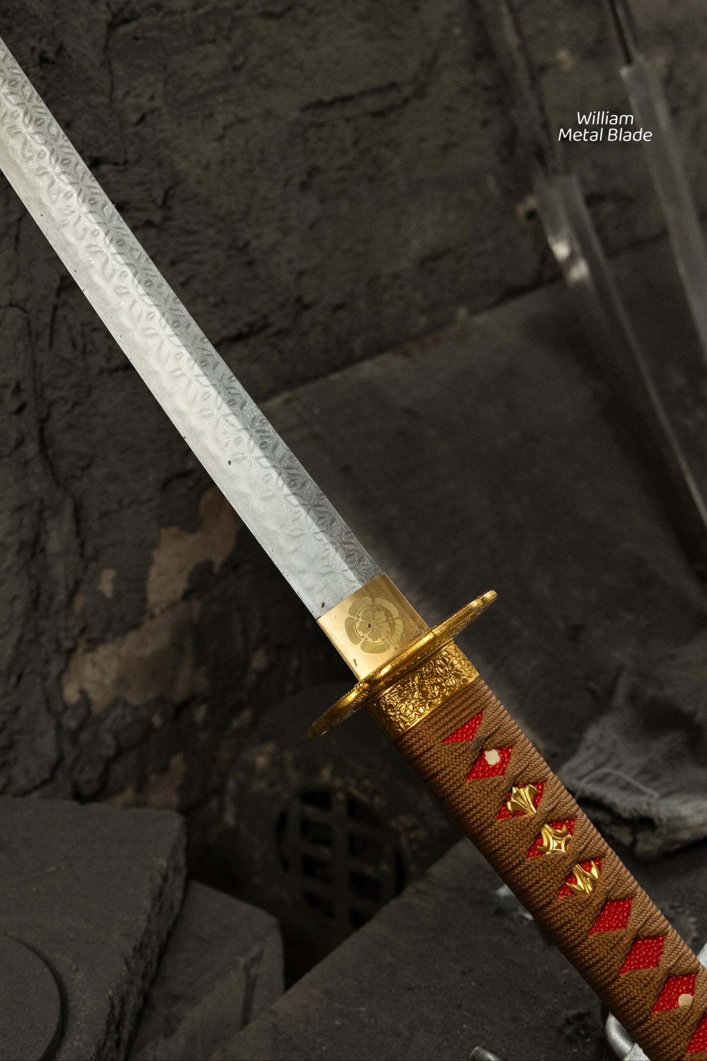 Gold Copper Katana Handmade Samurai Sword Gloss Lacquer Scabbard With Red-Brown Cord Wrap