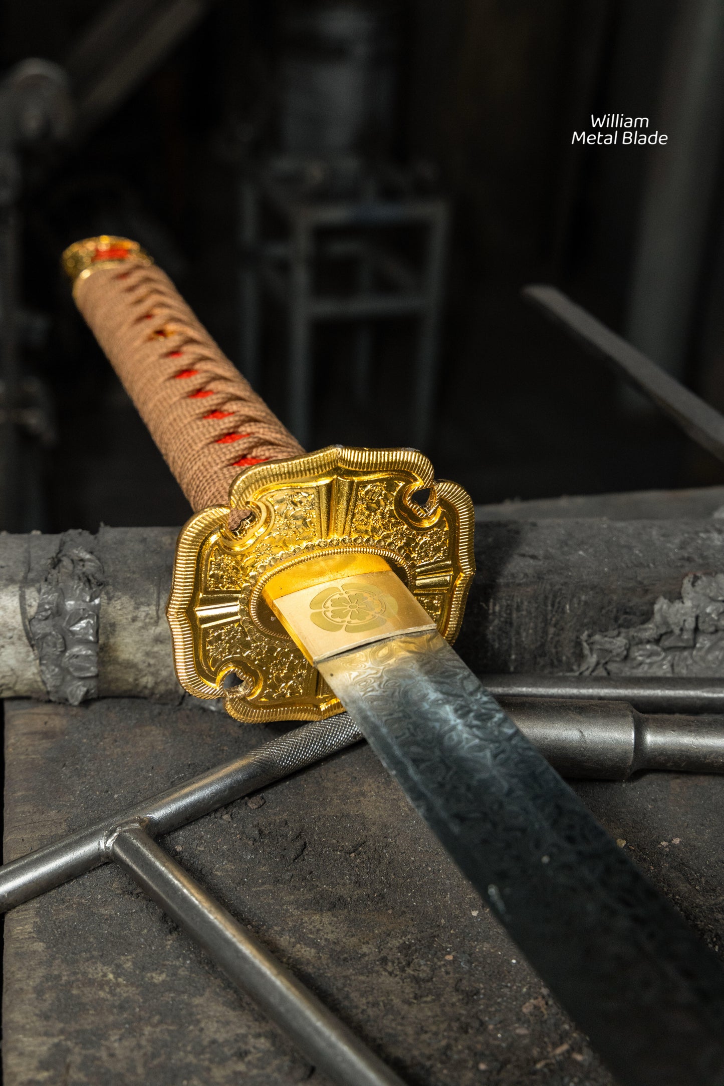 Gold Copper Katana Handmade Samurai Sword Gloss Lacquer Scabbard With Red-Brown Cord Wrap
