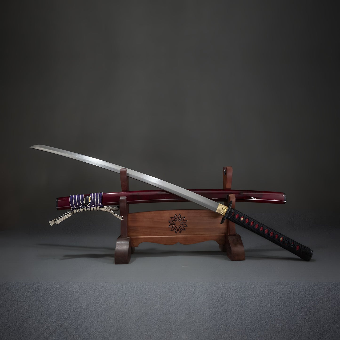 Longquan Sword Pattern Steel Blunt Blade Red Blood Katana Decoration